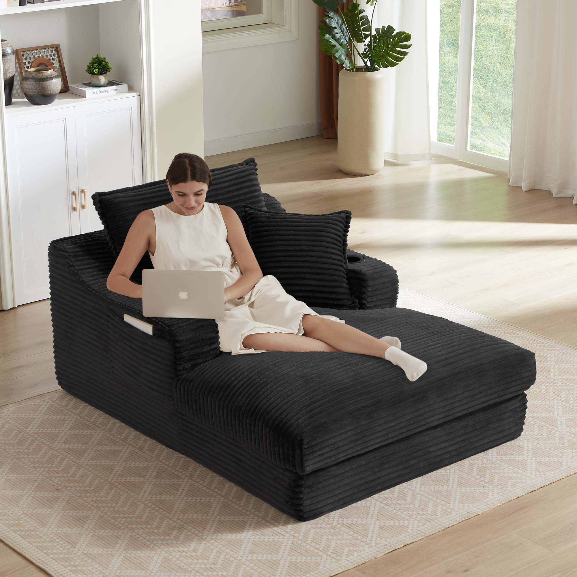 Miniyam 47 in Modern Chaises with Cushion, Black Compression Sofa Lounge Chair for Living Room, Bedroom, Apartment