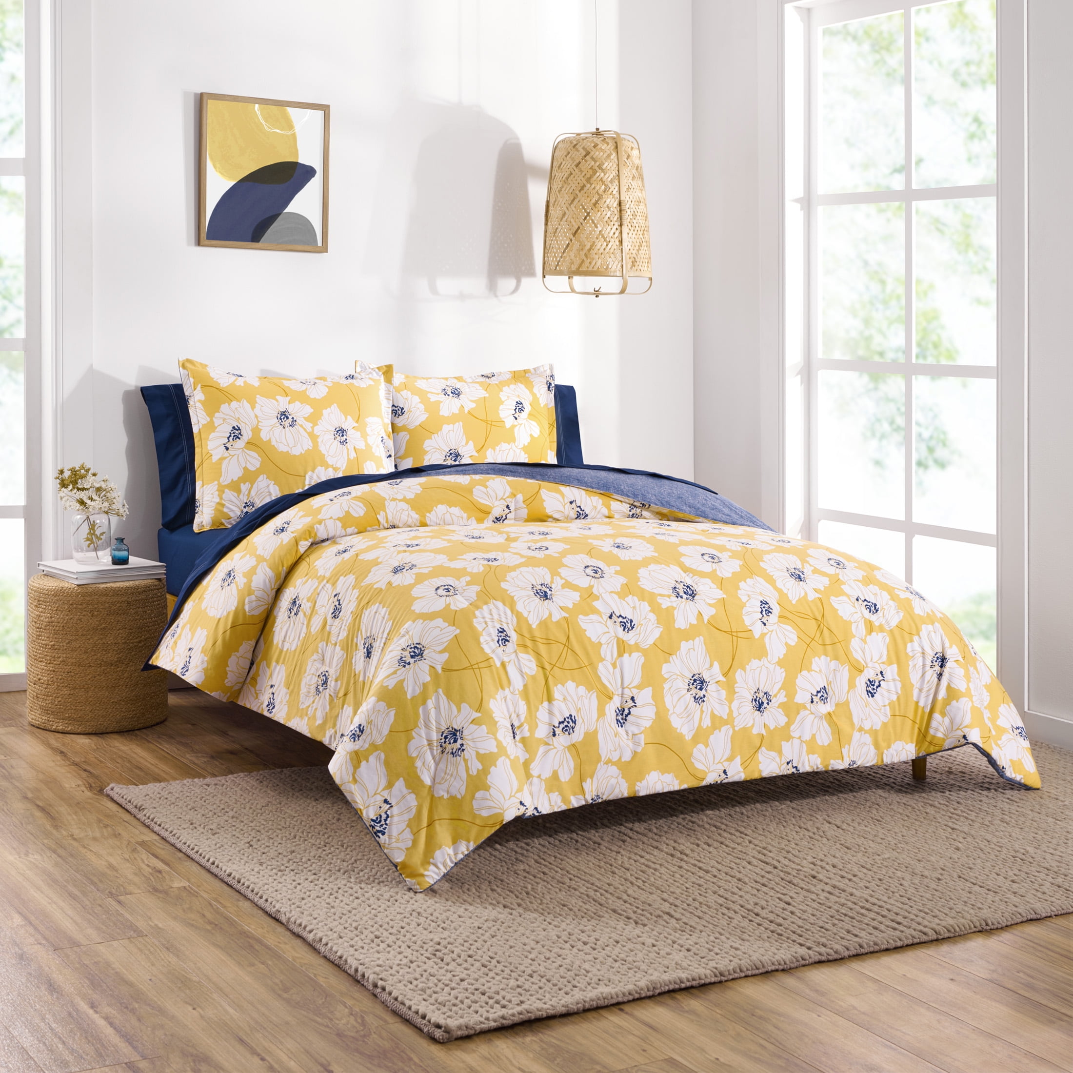 BEAUTIFUL MODERN CHIC GREY YELLOW WHITE FLORAL FLOWER TEXTURE SOFT QUILT SET 