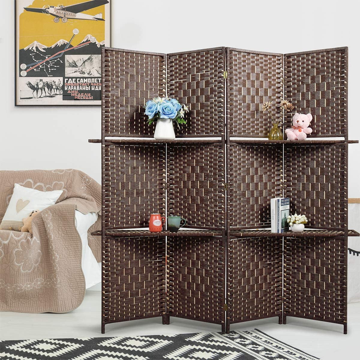 4-Panel Room Divider with 2 Partitions, 6ft Tall Folding Freestanding Privacy Screen for Living Room Bedroom Office, Dark Brown
