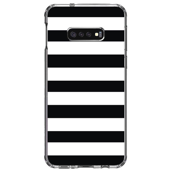DistinctInk Clear Shockproof Hybrid Case for Samsung Galaxy S10e (5.8" Screen) - TPU Bumper, Acrylic Back, Tempered Glass Screen Protector - Black & White Bold Horizontal Stripes