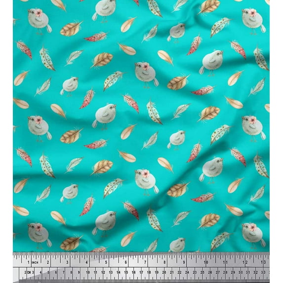 Soimoi Green Cotton Poplin Fabric Bird & Feather Printed Fabric 1 Yard 56 Inch Wide