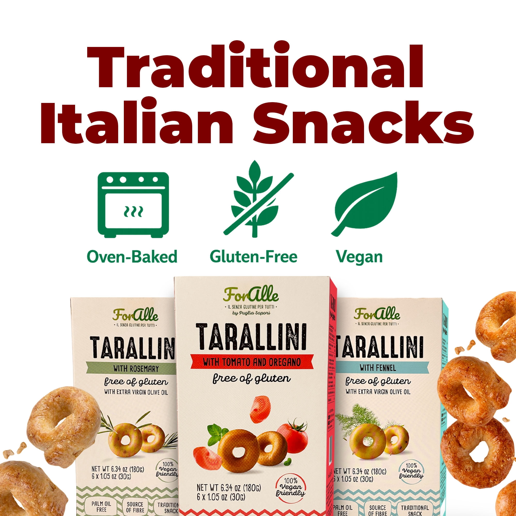 For Alle Gluten-Free Tarallini Bundle, Set of 3 – Traditional Italian Pugliese Snack with Fennel, Rosemary, Tomato and Oregano. Oven-Baked. Vegan. Cholesterol-Free.