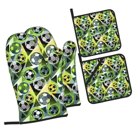 

Zufioo Football Doodle Oven Mitts and Pot Holders 4pcs Set Kitchen Oven Glove High Heat Resistant 500 Degree Extra Long Oven Mitts for Kitchen Baking Cooking