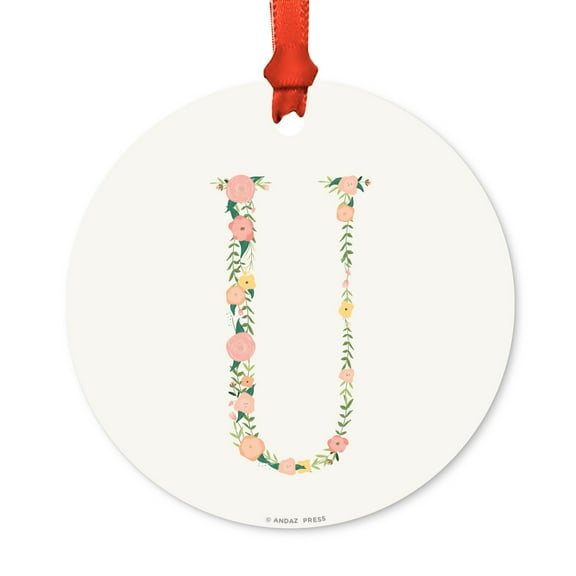Floral Family Monogram Metal Christmas Ornament, Coral Peach Floral Roses, Letter U, Includes Ribbon and Gift Bag