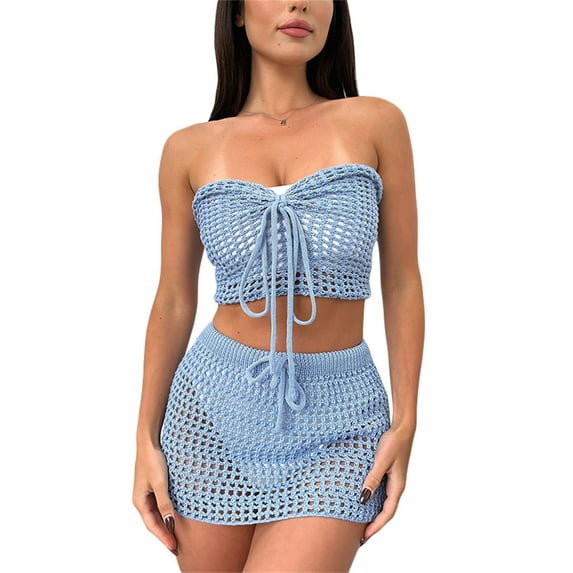 hirigin Women Knitted Skirt Set, Hollowed Backless Tube Top with Elastic Waist Mini Skirt