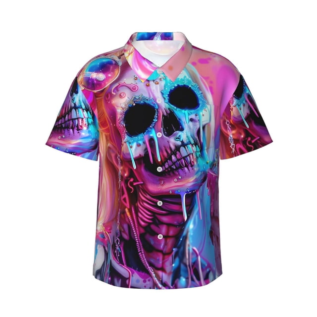 Balery Neon Skull With Milkshake Camisas hawaianas de manga corta para hombre, camisas playeras de corte holgado, camisas de vacaciones con botones,Medium
