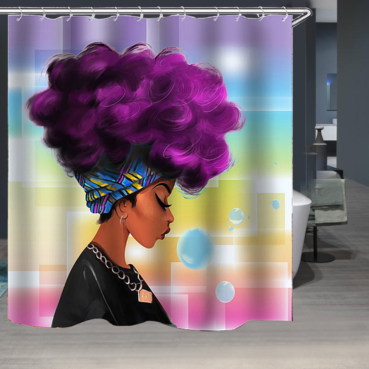 Black Girl Shower Curtain Decor 70 x 70 Inches Waterproof Mildew Resistant Polyester Fabric Machine Washable 12pcs Hooks Black Girl Purple Afro Hair Black Shirt Bubble Colorful Background
