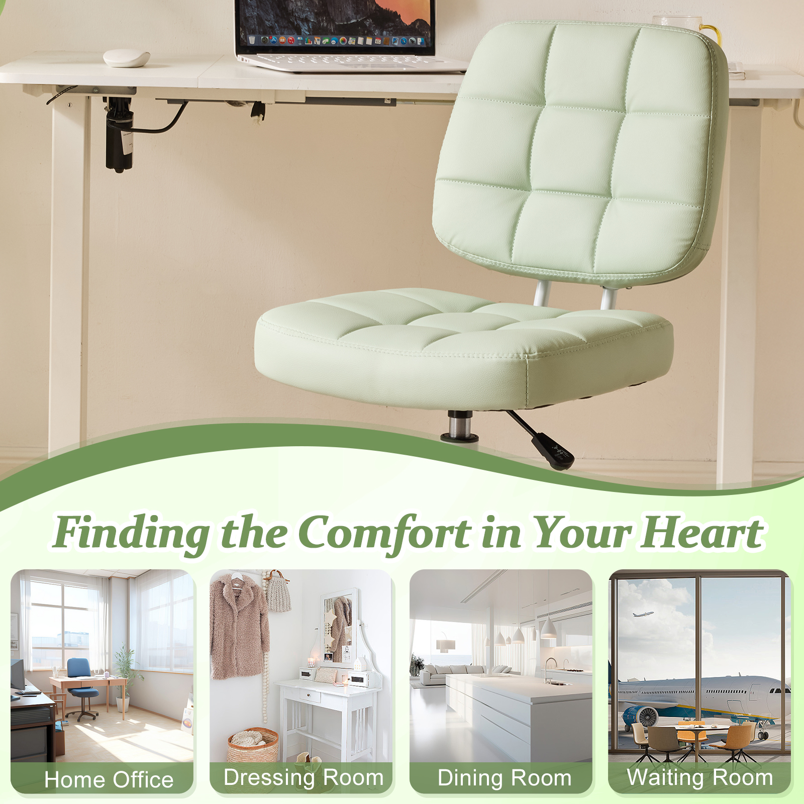 Ktaxon Armless Office Chair with Star Base PU Swivel Task Chair with 9-Grid Design for Study Room or Dressing Area Green