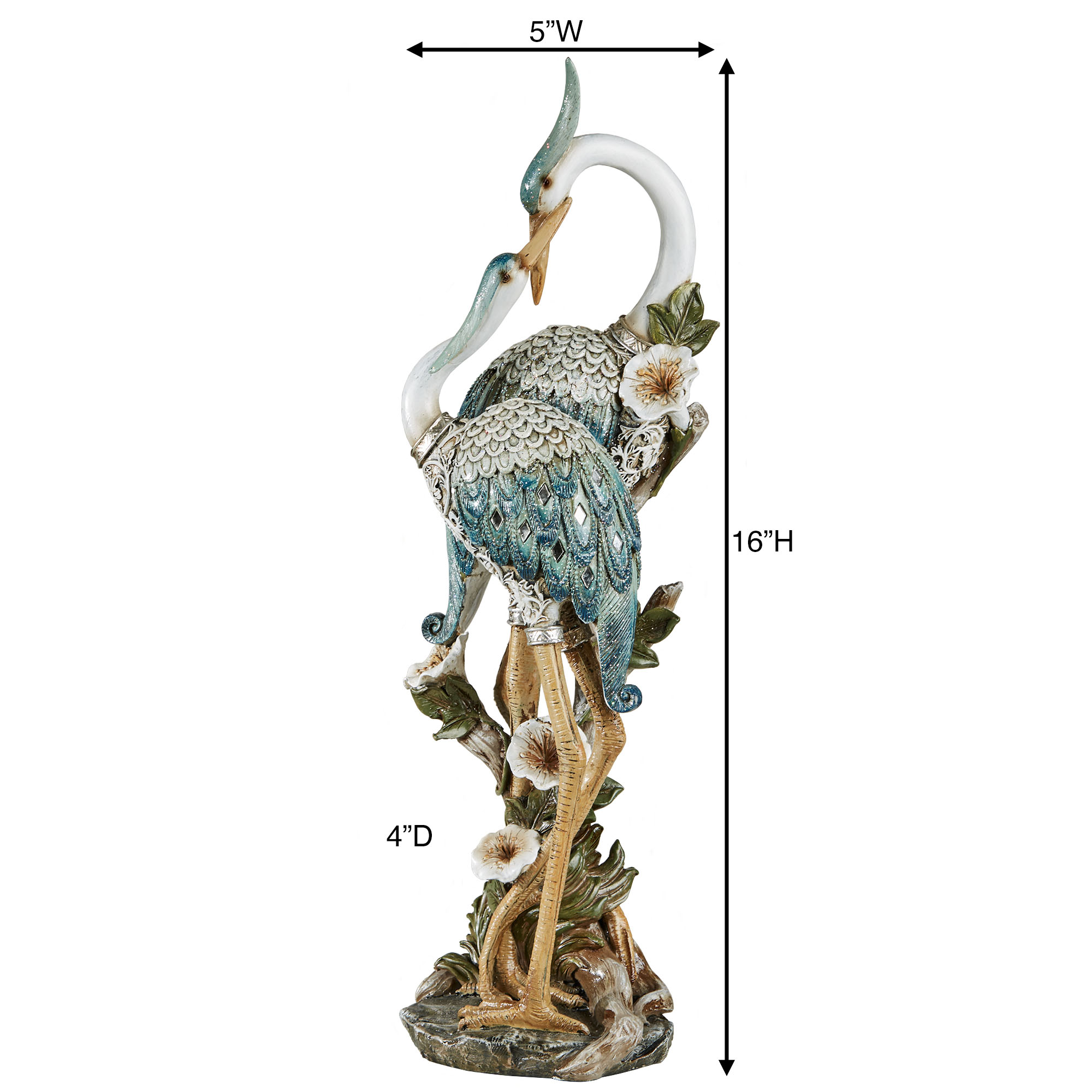 Devoted Cranes Table Sculpture Teal - Made of Resin Coastal Shorebirds - Diamond Mirror Insets, Glitter Accents - Flowers, Vining Leaves Base - Measures 5 Inches Wide, 16 Inches High