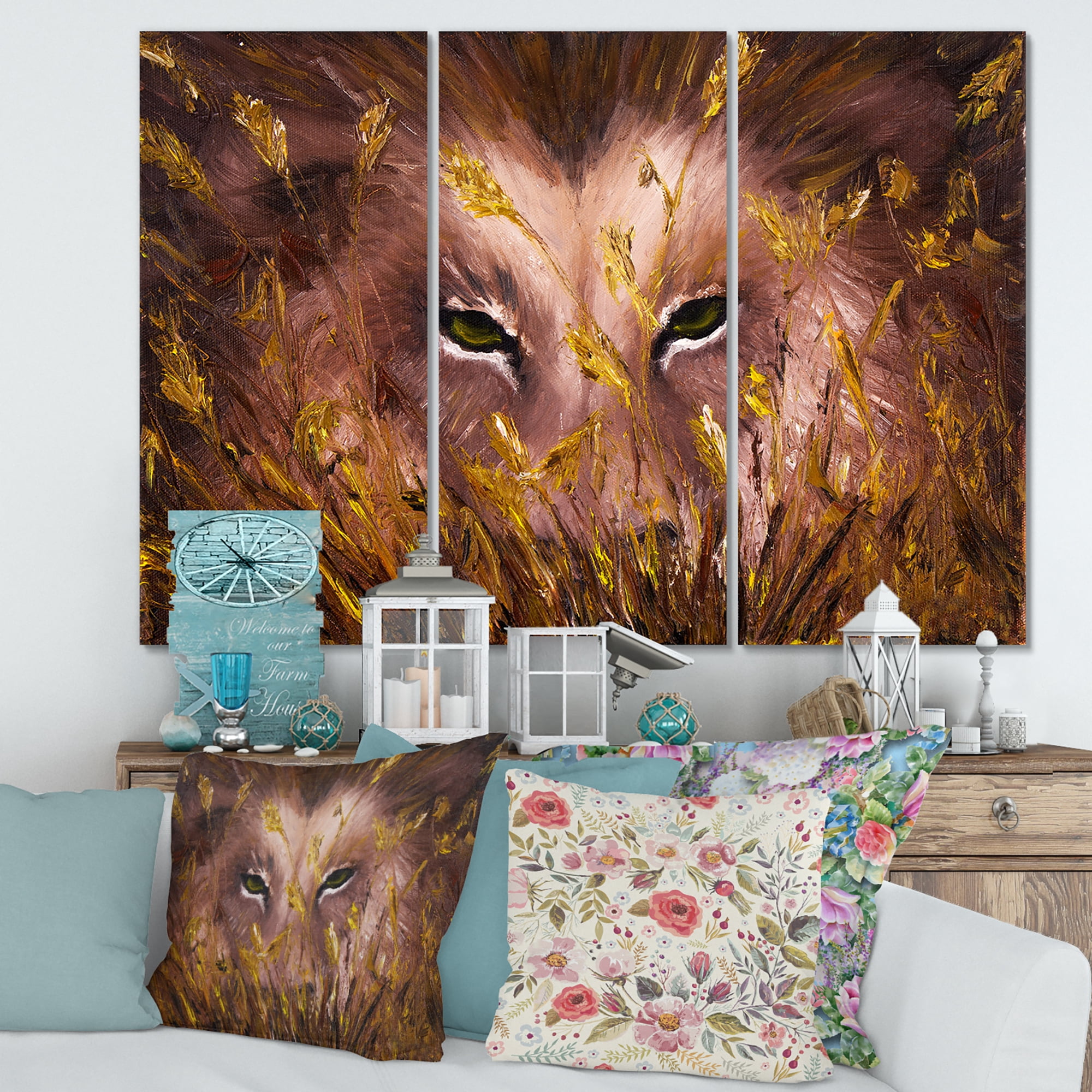 Designart ' Close Up Of Wolf Eyes In The Grass ' Farmhouse Canvas Wall Art Print
