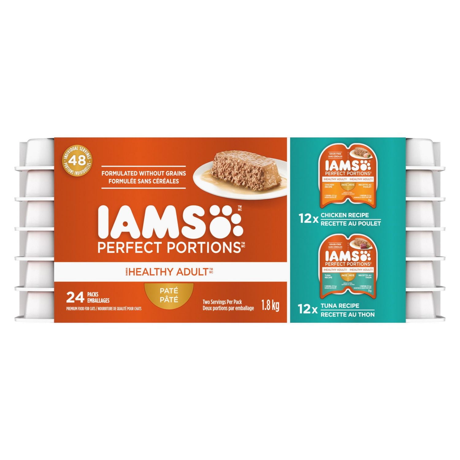 Nourriture humide sans céréales pour chats IAMS PERFECT PORTIONS Healthy Adult format variété - Pâté recette au poulet et recette au thon 12x75g - 24x75g
