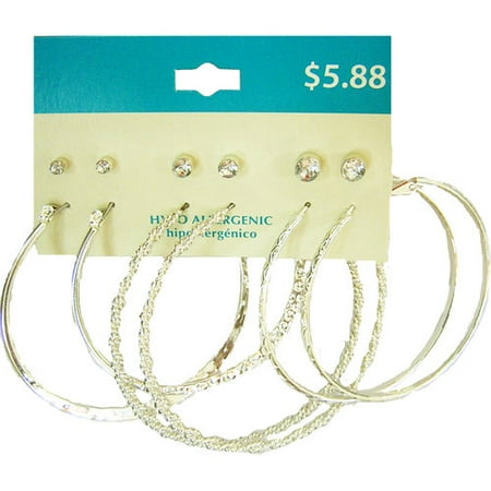 Everyday Essentials Clear Stone Stud and Silver-Tone Hoop Earrings Set, 6-Pair