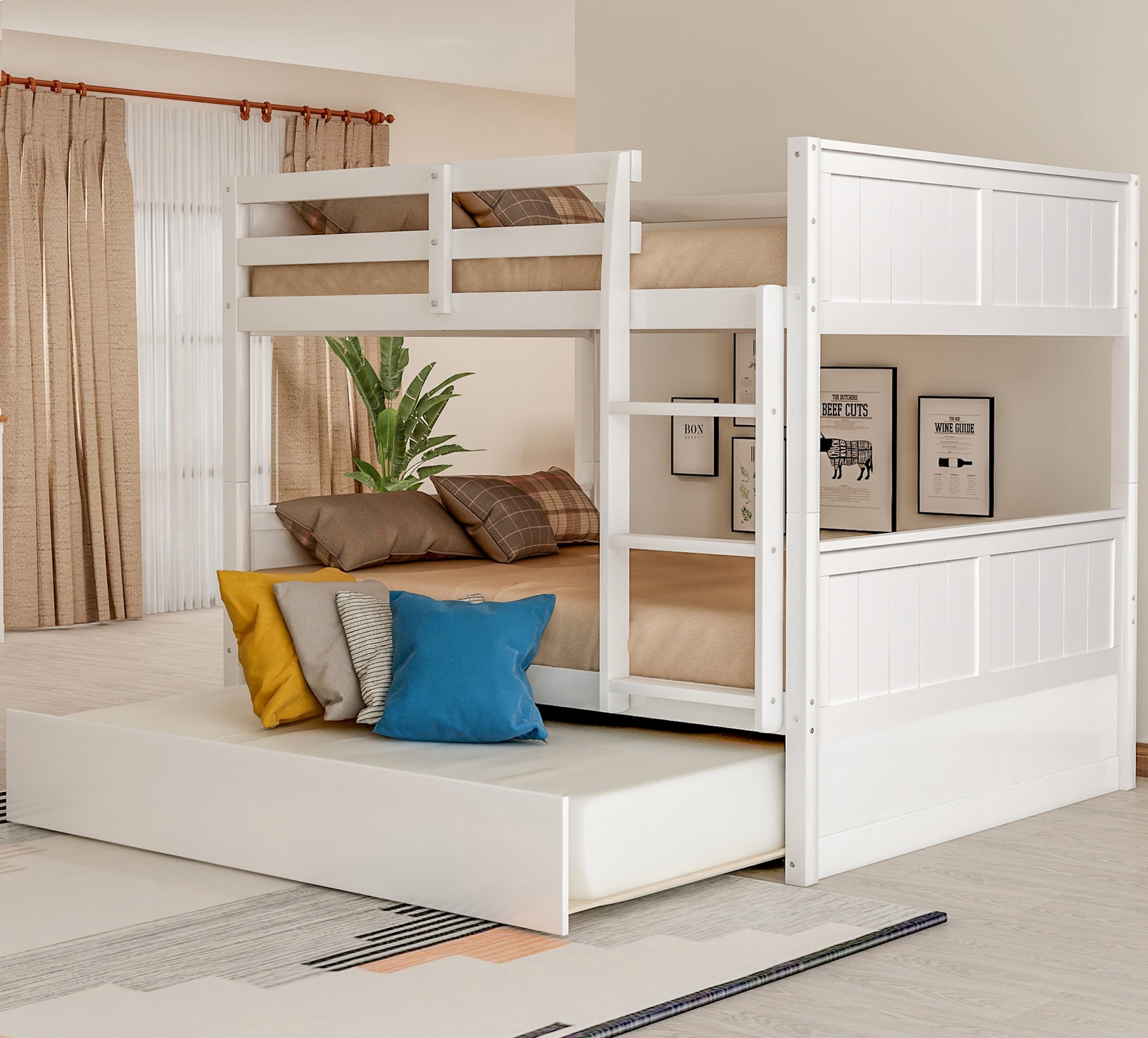 AOOLIVE Full Over Full Bunk Bed with Trundle, White ...