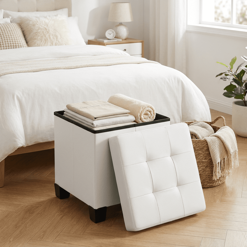 Ledrem Cloud White Square Foldable Storage Ottoman with 10 Gallon Storage, Tufted PVC Leather Footrest