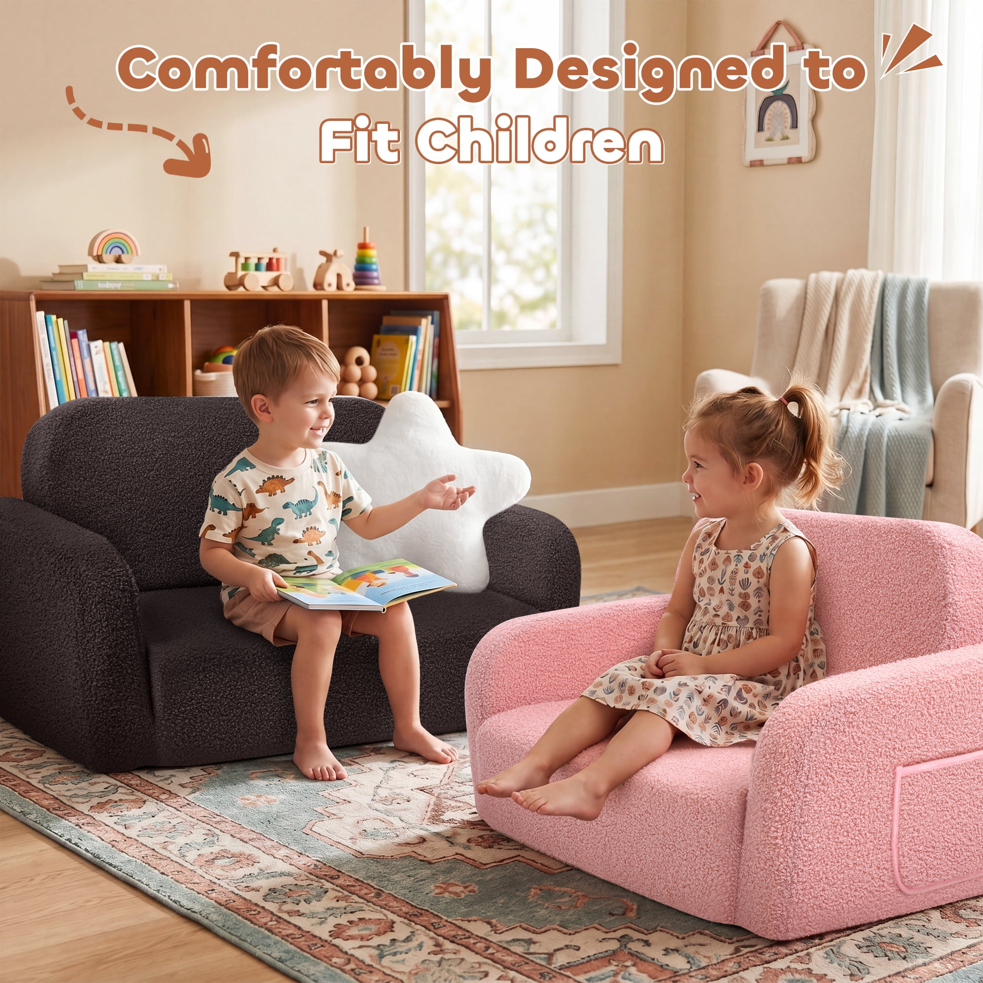 Babyeap Extra Wide Kids Chair,2-in-1 Convertible Toddler Chairs,Soft Comfy Kids Couch, Kids Sofa for Boys & Girls 3+,Brown