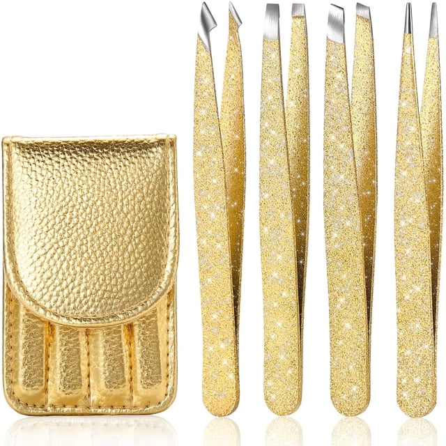 FungChoi 4-Pcs Glitter Stainless Steel Precision Tweezer Set for Eyebrows, Ingrown Hair & Lash Extensions (Gold)