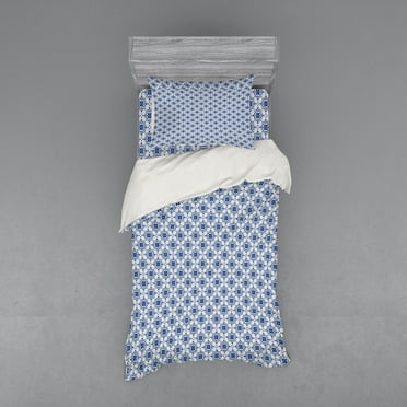 Ambesonne Moroccan Bedding Set 3 Pcs, Floral Traditional Damask, Twin XL, Off White Dark Sky Blue