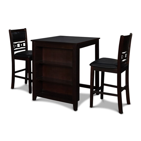 New Classic Furniture Gia 3 Piece Wood Square Counter Storage Shelf Table Set, 1 Dining Table And 2 Counter Chairs, 30 Inch, Ebony