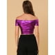 thumbnail image 5 of Top corto Metálico brillante Allegra K hombros descubiertos Morado T L, 5 of 6