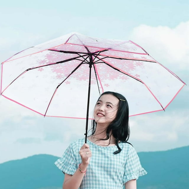 Parapluie Tri-Pli pour Femmes avec Design de Cerise Transparent Parasol de Soleil Compact Pliant