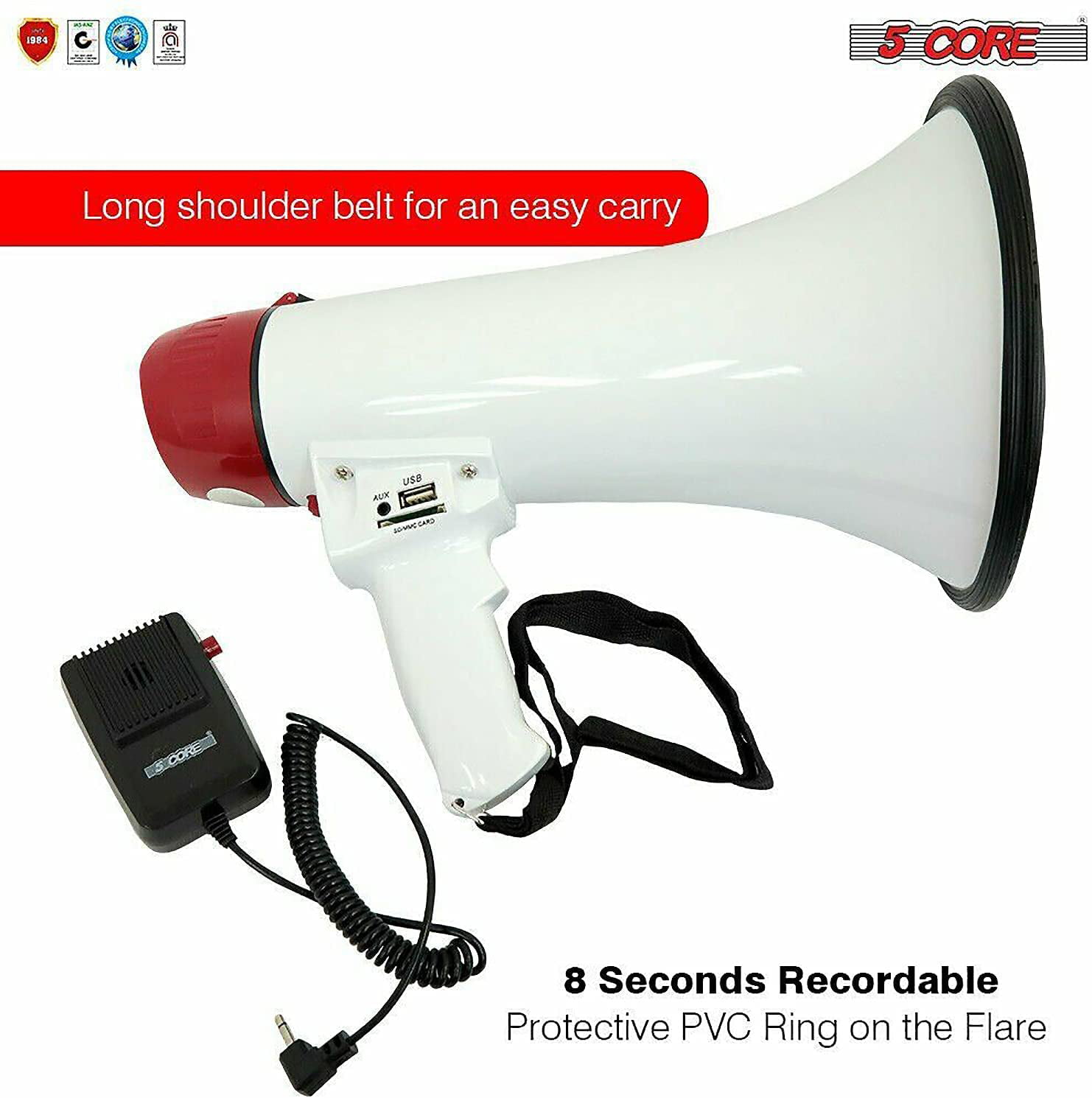5 Core Megaphone Bullhorn Cheer Horn PA Mic Recording Siren Loudhailer