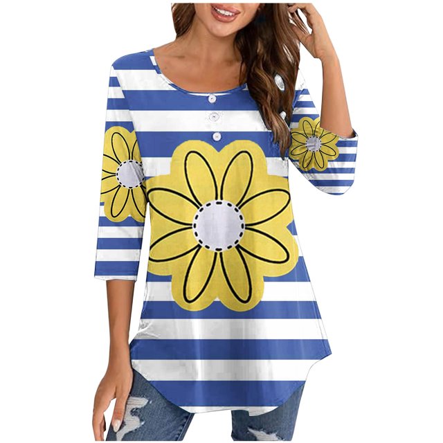 Birdeem Blouse for Women Womens Round Neck 3/4 Sleeve Button Up Top