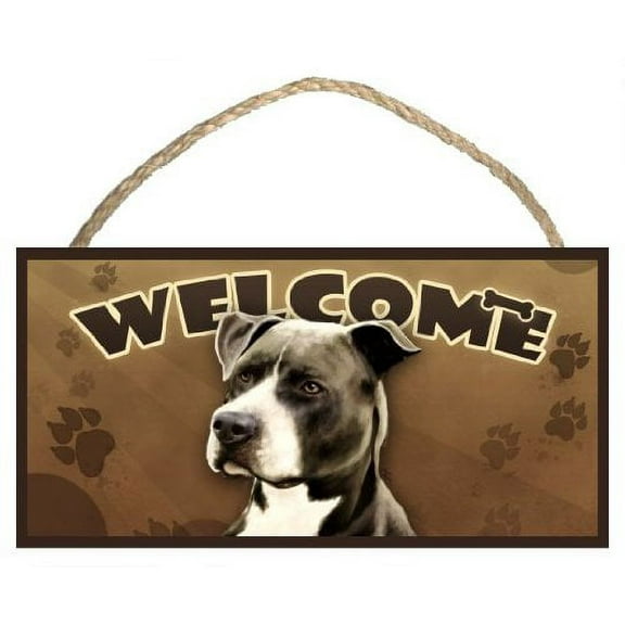 Pitbull (black and white) Welcome Sign 10 x 5 Wooden Sign / Plaque with art by Scott Rogers