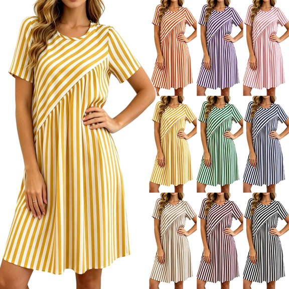 2026 Summer Womens Dress Fashion Striped Short Sleeve Casual Round-Neck Mini Dress
