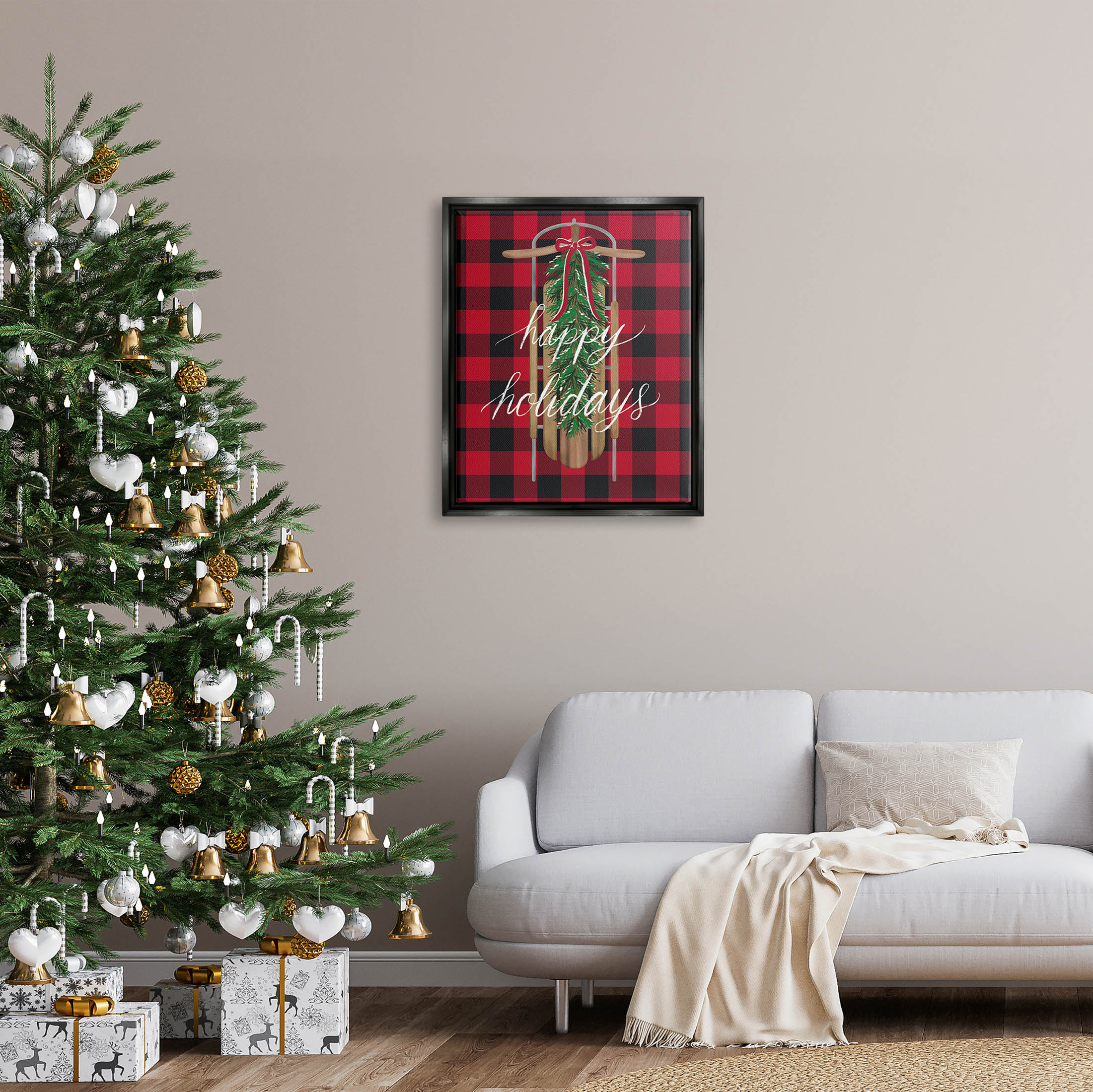Stupell Industries Happy Holidays Tartan Sled Graphic Art Jet Black Floating Framed Canvas Print Wall Art, Design by Amanda McGee