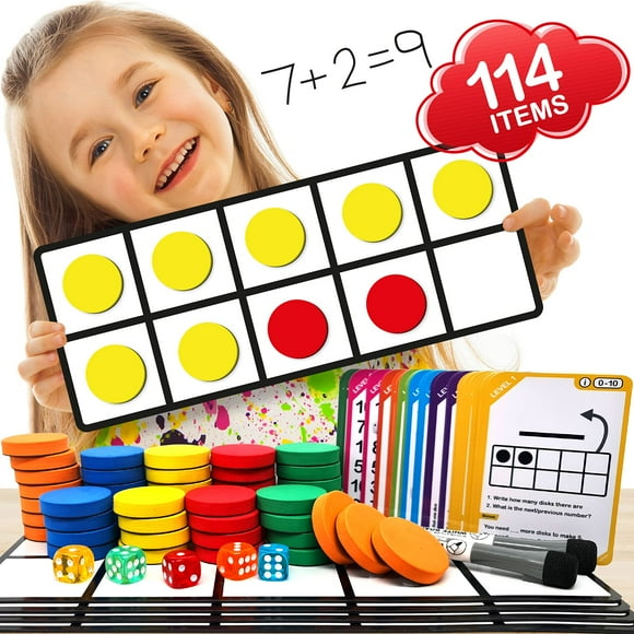 Magnetic Ten Frame Set: 4 Durable Ten-Frames + 50 Colorful Counters + 50 Math Flash Cards + 5 Dice - Addition & Subtraction - Math Manipulatives Kit f