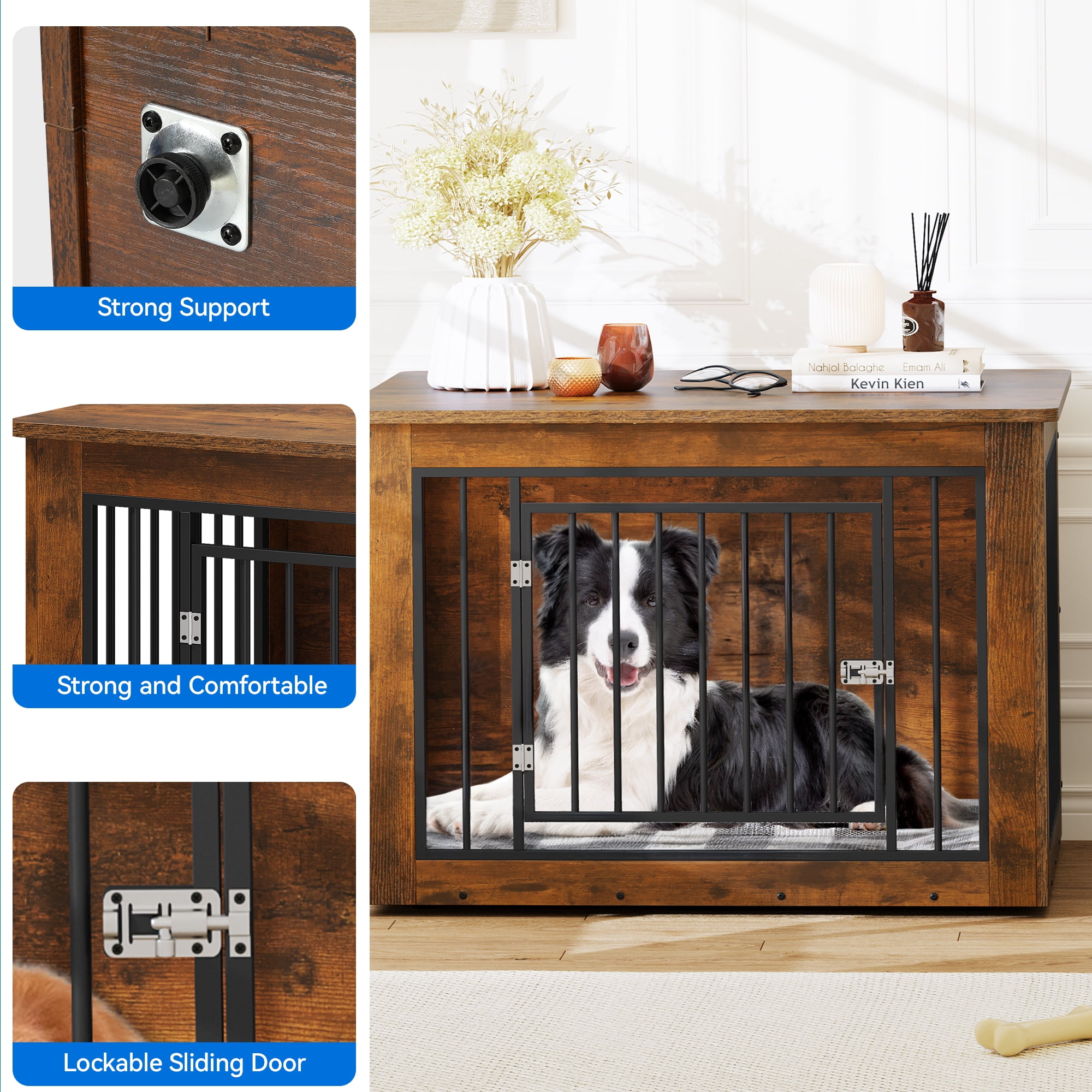 Dextrus Large Dog Crate Furniture, 2-in-1 Wooden Indoor Dogs Kennel Furniture with Waterproof Top&Safety Corners -38.2"L x 24.0"W x 26.8"H,Rustic Brown