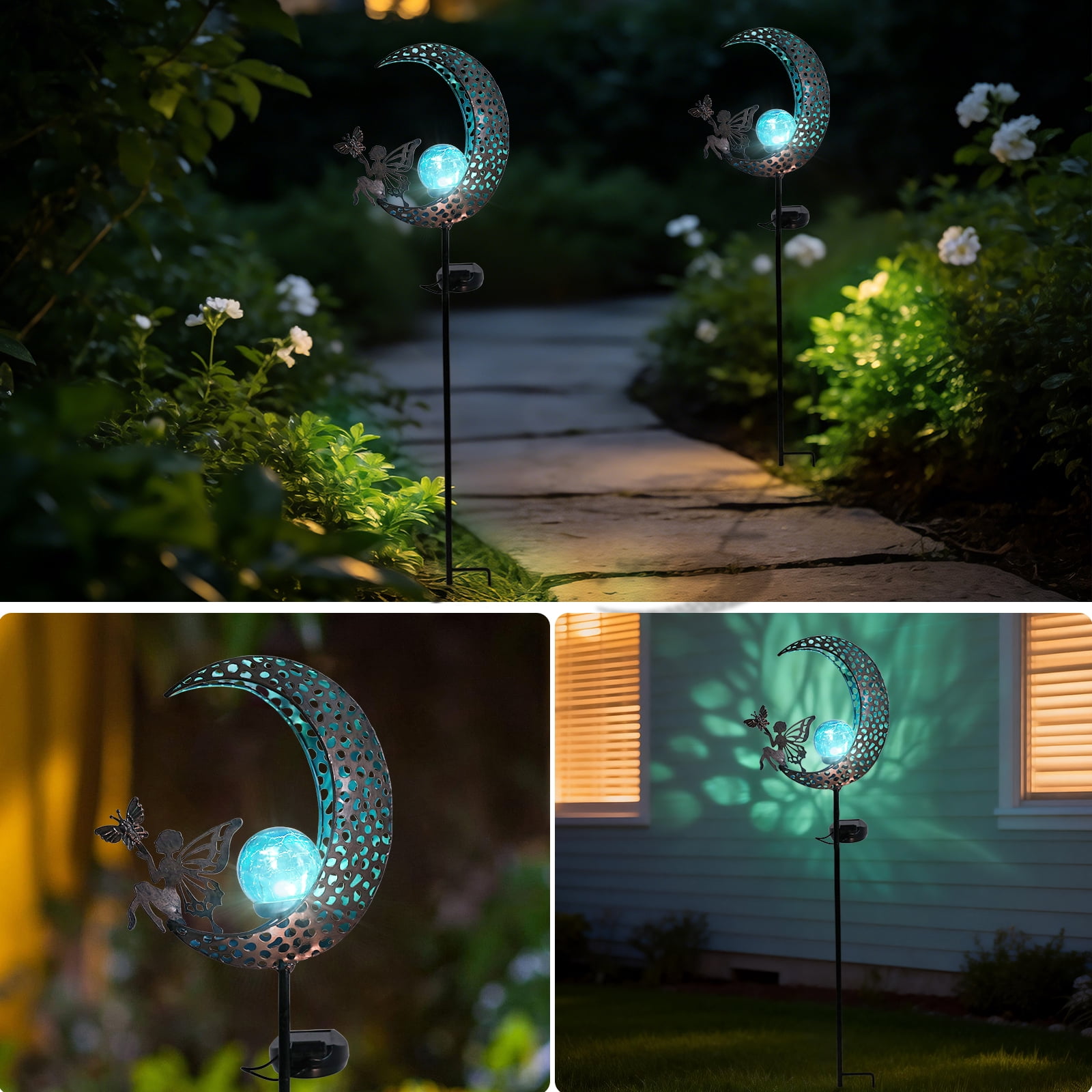 Moon Solar Light Outdoor Garden Stake, Moon Fairy Garden Statue Decor,Metal Light Stake for Patio, Path, Yard and Lawn Ornament,Blue