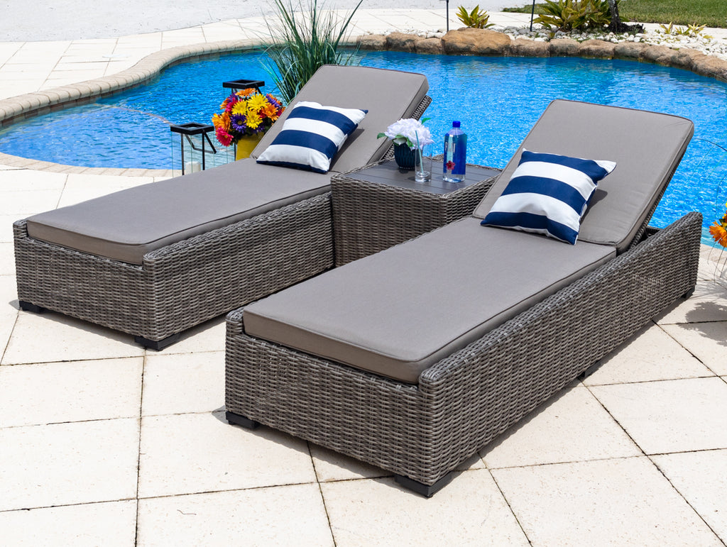 Tuscany 3-Piece Resin Wicker Outdoor Patio Furniture Chaise Lounge Set in Gray w/ Two Chaise Lounge Chairs and Side Table (Half-Round Gray Wicker, Polyester Light Gray) - image 3 of 7