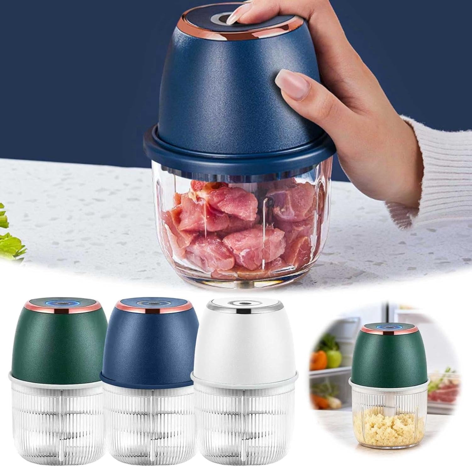 Electric Garlic Chopper, Mini Food Processor Portable Veggie Cutter, USB Rechargeable Wireless Chopper with 4 Blades for Garlic Chili Onion Fruit Meat Ginger（green）