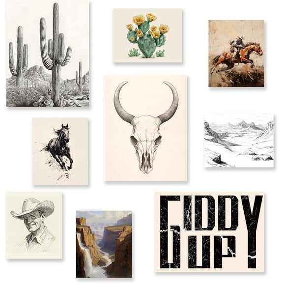 Set of 9 Western Cowboy Wall Art Prints Retro Western Style Wall Painting Boho Ranch Canvas Poster