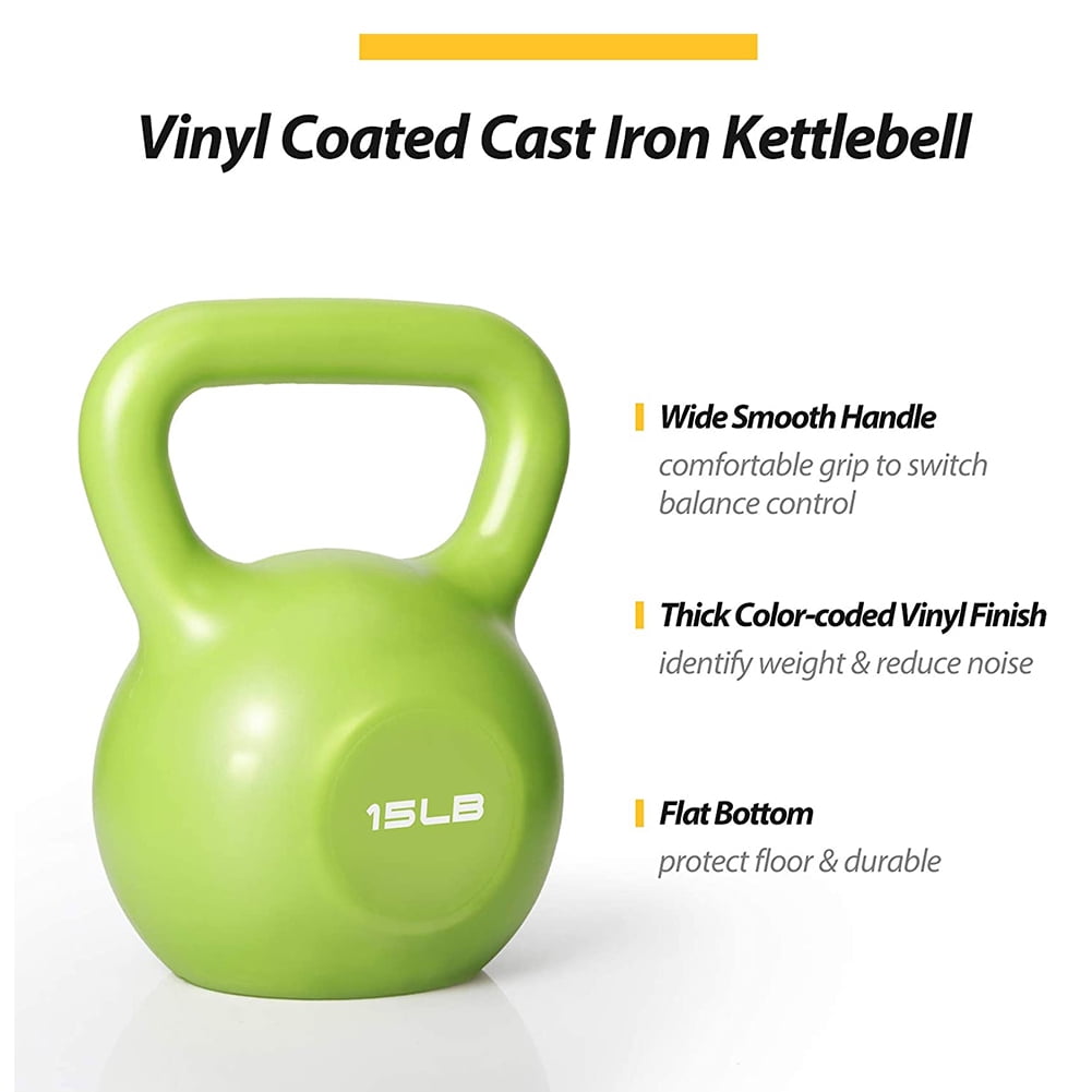 ZHICHUN 15lbs Vinyl Coated Kettlebell, Strength Training Kettle Bell with Comfort Wide Handle, Home Gym Weight Lifting Workout Equipment, Green