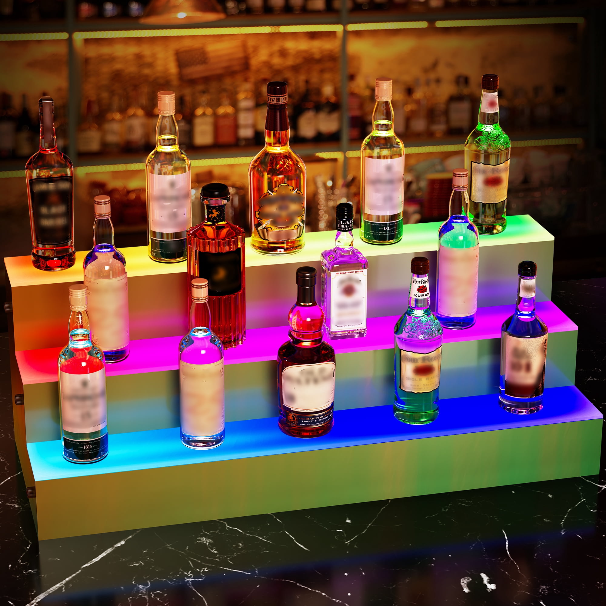 Uforic LED Liquor Bottle Display Shelf 3 Tier 30-Inch Lighted Bar Shelves Colorful Acrylic Storage Rack with Dazzling Panel RF Remote & App Control Supports Power Bank Multicolor Lighting Shelf