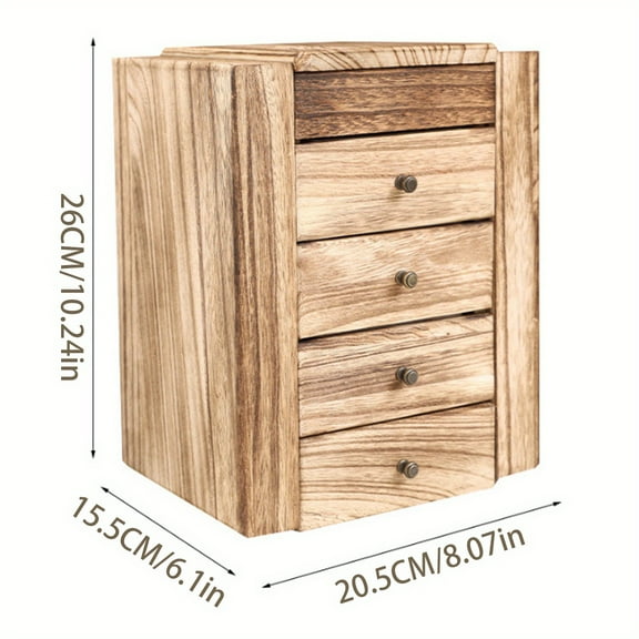 Meangood Jewelry Box Wood for Women, 5-Layer Large Organizer Box with Mirror & 4 Drawers for Rings, Earrings, Necklaces, Vintage Style, Torched Wood
