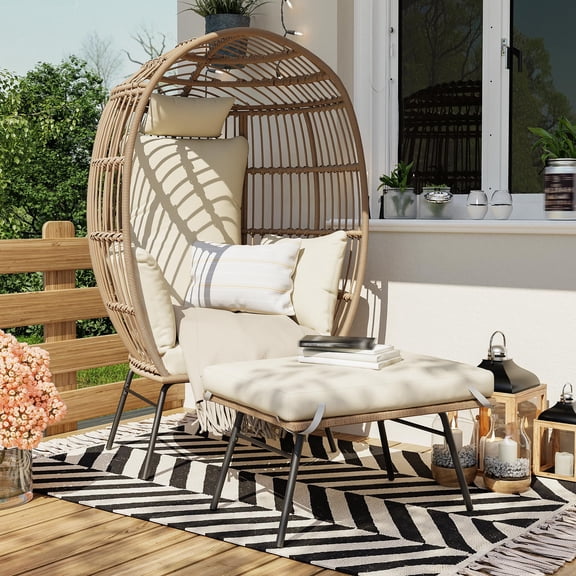 Big Egg Chair with 4 Comfy Cushions, Oversize Wicker Egg Shaped Lounger with Ottoman, Rattan Reading Chairs for Outdoor Patio Porch Backyard,Beige