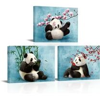 Hieng Cute Animal Canvas Wall Art Baby Panda Playing with Flower Pictures Print Chinese Style Painting Artwork Stretched and Artwork for Kids Bedroom Living Room Nursery Decor Unframed