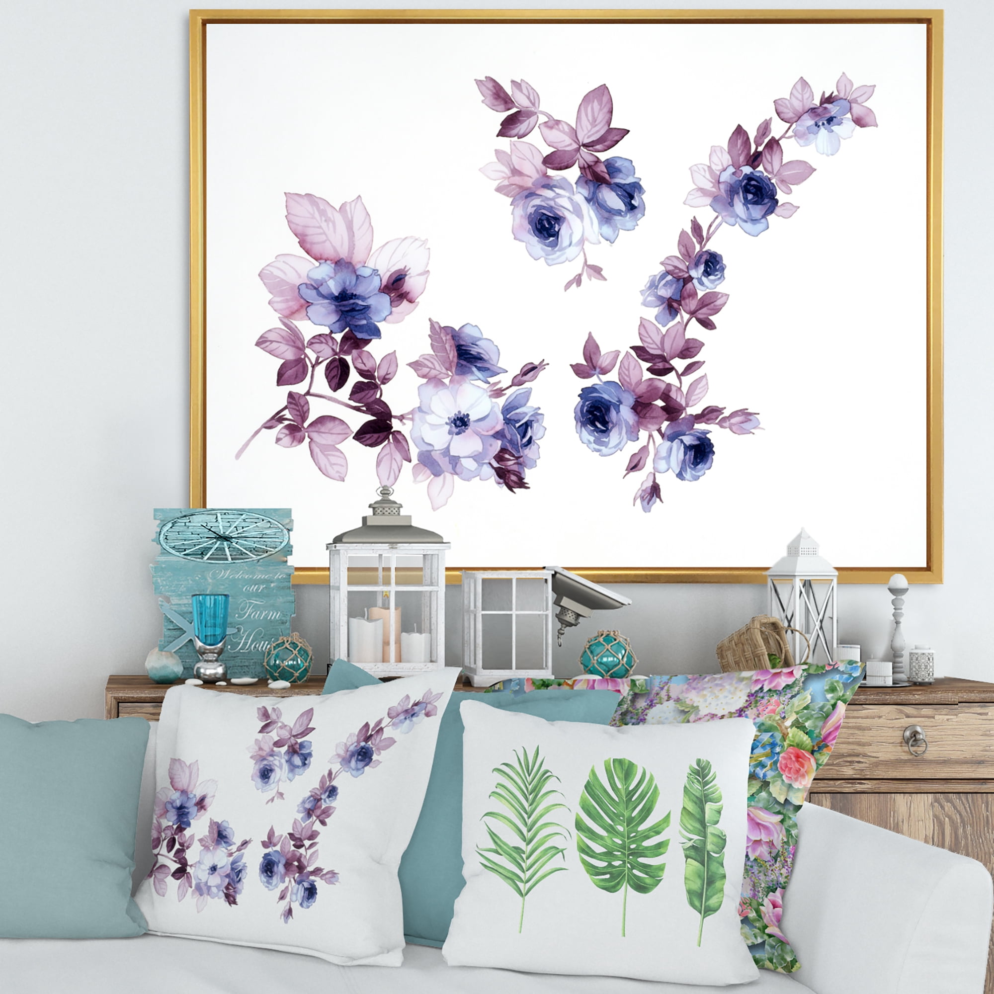 Purple Wildflowers On White I 40 in x 30 in Framed Painting Canvas Art Print, by Designart