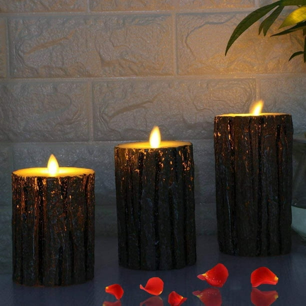 Bougies sans flamme, SAYDY Bougies à mèche mobile scintillante à piles 10,2  cm 12,7 cm 15,2 cm Ensemble de 3 bougies réalistes LED électriques à pilier  en écorce de pin 