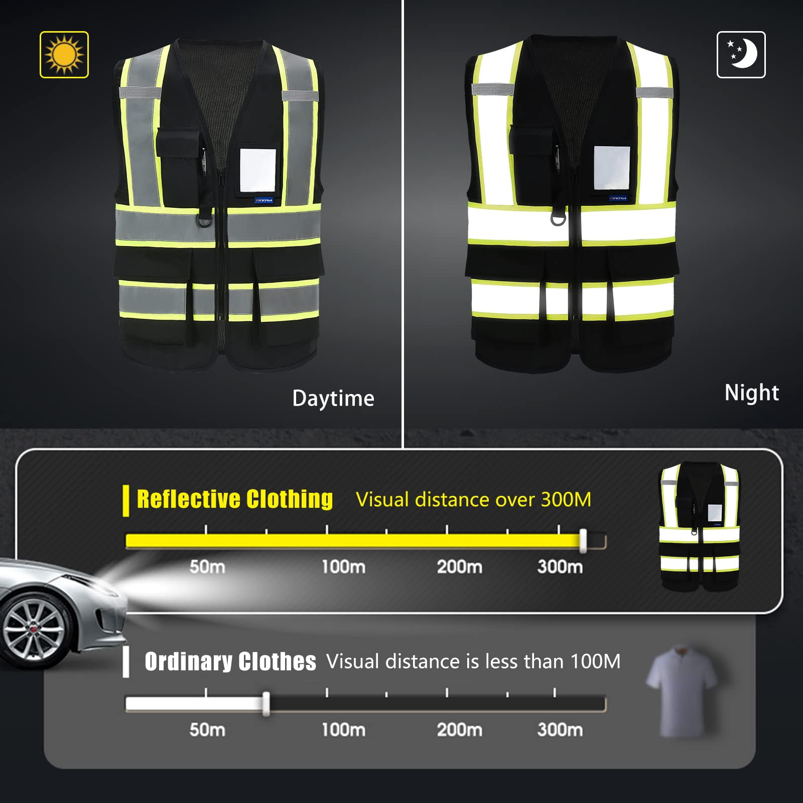 AYKRM Security Vest for Men Women 7 Pockets High Visibility Reflective Safety Vest Front Zipper Meets ANSI/ISEA