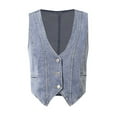 thumbnail image 6 of BYHONG Denim Corset Top For Women Button Down Denim Vest Sleeveless V Neck Washed Distressed Jean Jacket Blue S, 6 of 9