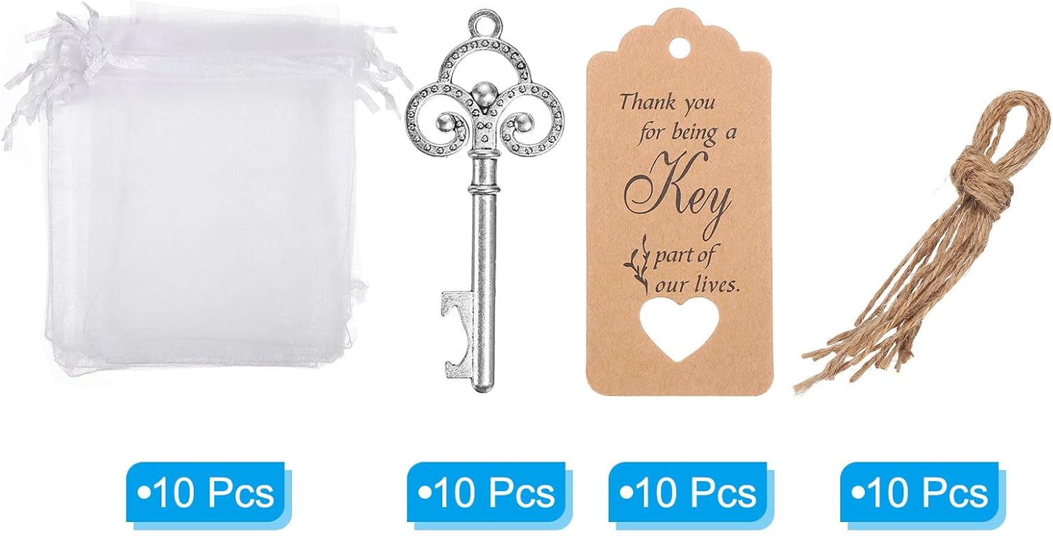 MKEUDQ-10 Pcs Vintage Key Bottle Openers Wedding Party Favor Souvenir Gift Set with Thank You Tag, Organza Bags, Rope for Guests,Silver