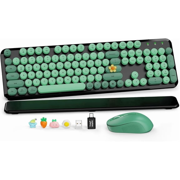 Wireless Keyboard and Mouse Combo, Retro Round Keycaps, Full Size with Detachable Wrist Rest, 2.4G for PC Mac Windows, Dark Green