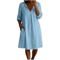 thumbnail image 2 of Odbmxy Fall Women Midi Dress Cotton Linen Long Sleeve Modest Tent V-Neck Tunic Holiday Shift Single Color Women Dresses, 2 of 6