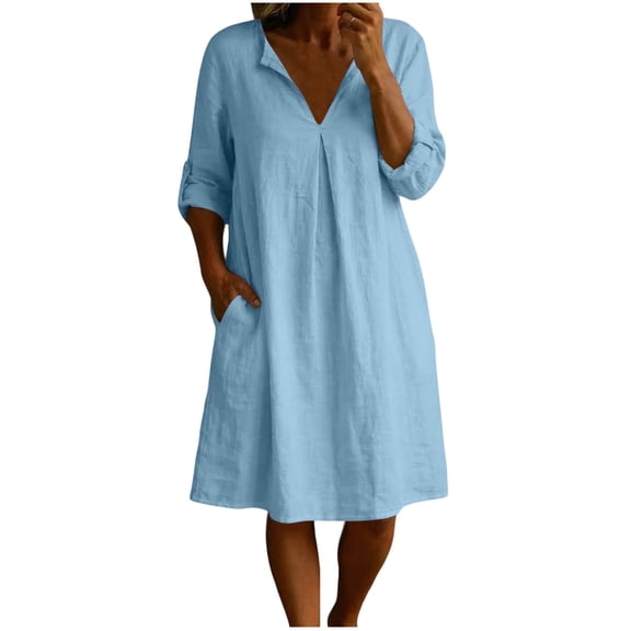 Ohufall Midi Dress for Women V Neck Long Sleeve Solid Color Dresses Comfort Pleated Lightweight Dress