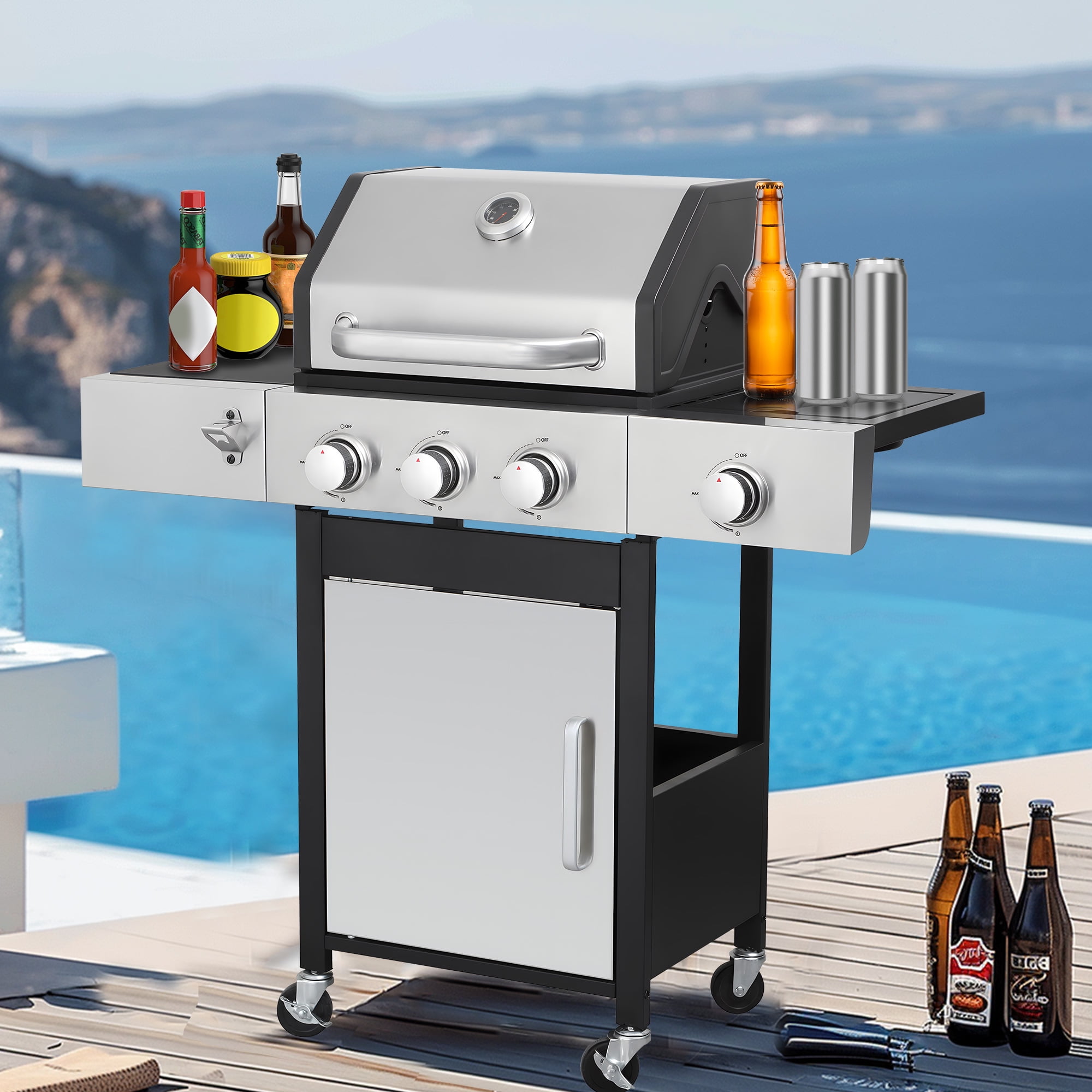 37230BTU Propane Barbecue Grill, 3-Burner Gas Grill with Side Burner 37230BTU Output, Portable Outdoor Grill with Lockable Wheels, 2 Cooking Areas, Bottle Opener, Thermometer