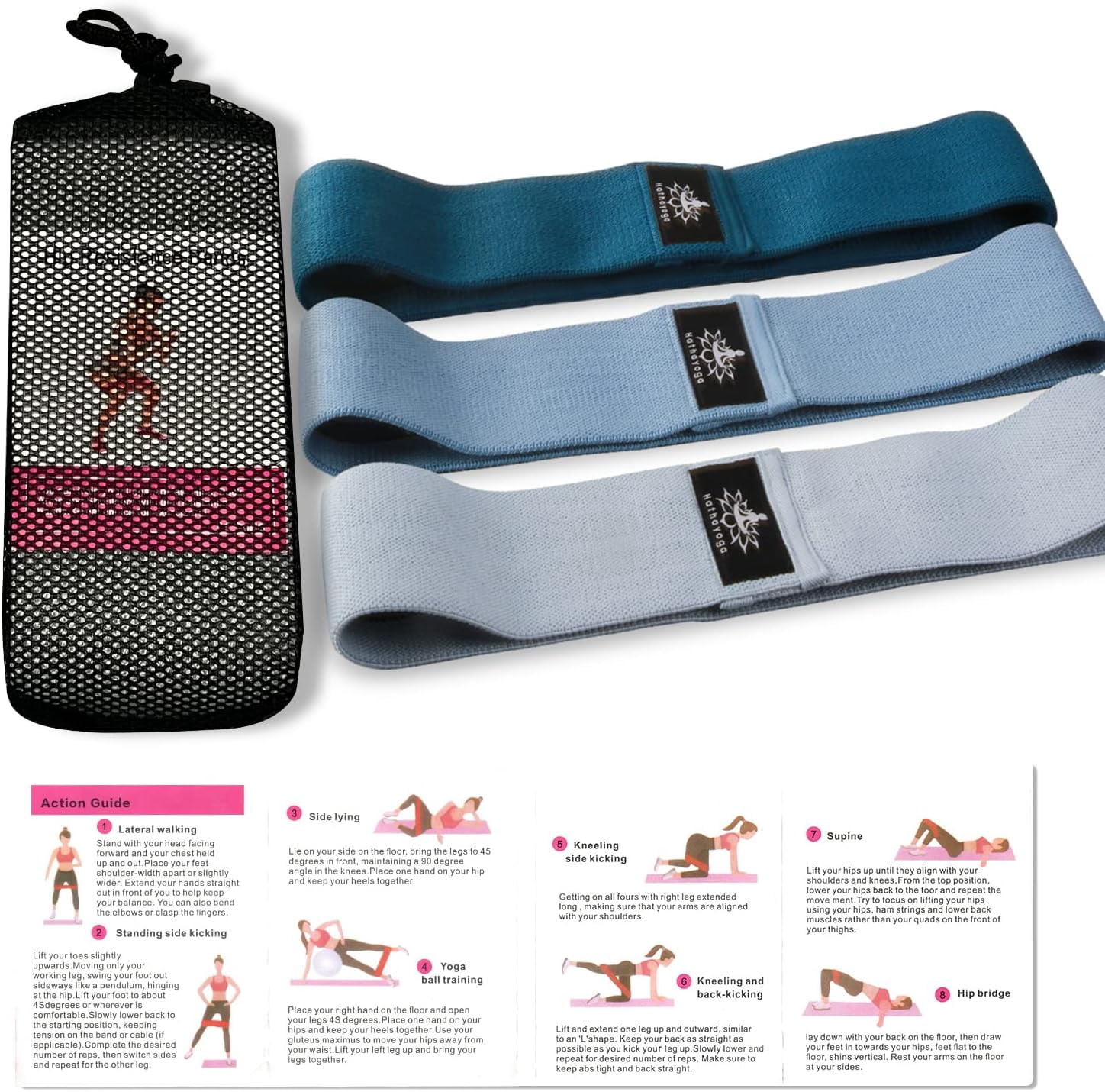 JJEAN-Hatha Yoga Large Resistance Band,14.5" x3.15",Fabric Exercise Loop Bands with Instruction Guide and Carry Bag, Set of 3.